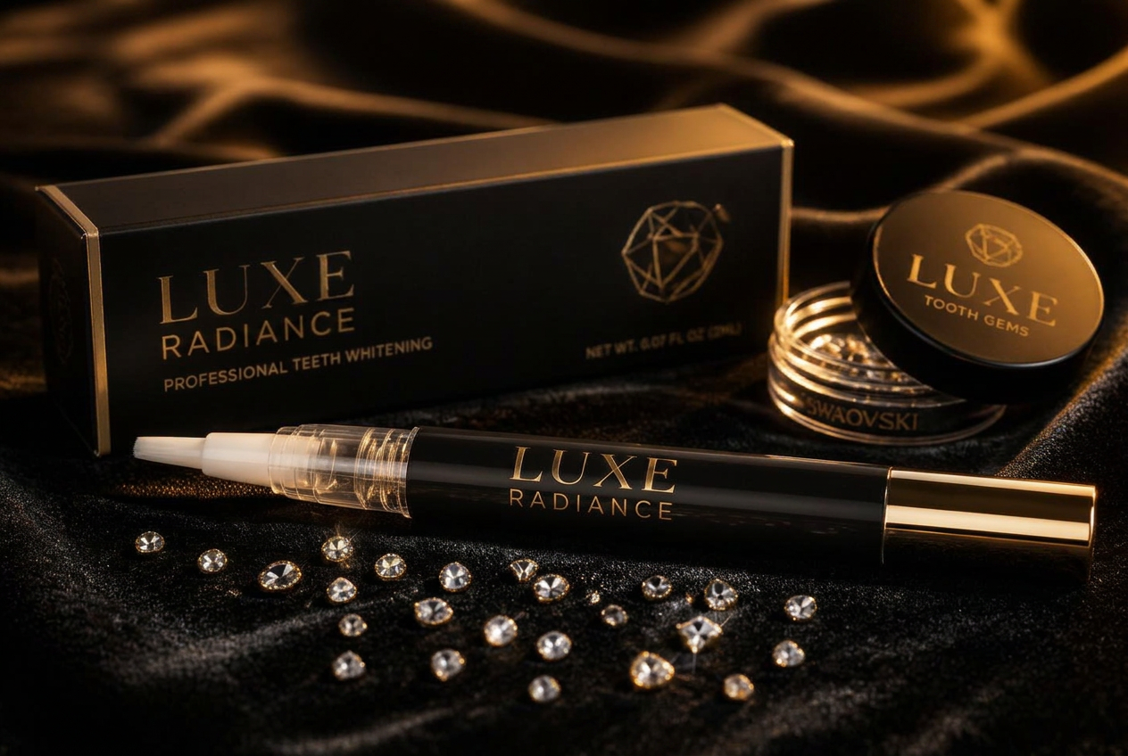 Professional whitening pen and Swarovski-style gems on black velvet with gold accents